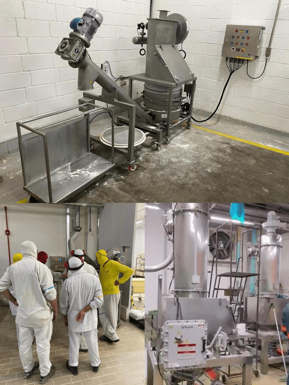 Registros de equipamentos de peneiramento e acompanhamento técnico em instalações de uma multinacional do setor alimentício.